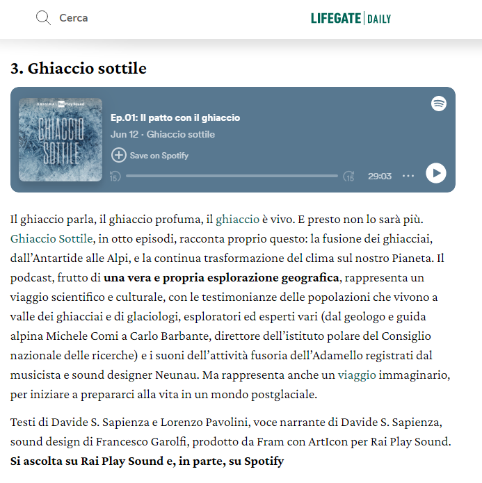Davide Sapienza - Francesco Garolfi Ghiaccio Sottile Rai Play Sound Podcast nella Top Ten Podcast 2023 per Lifegate